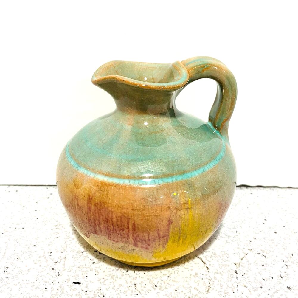 Vintage Pottery jug small colorful redware shiny glaze country cottage farmhouse